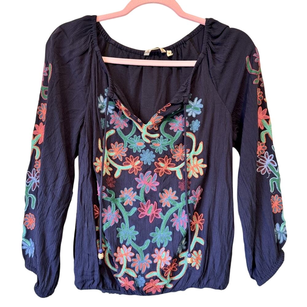 Soft Surroundings Blue Floral Embroidered Boho Blouse Womens XS Casual Shirt